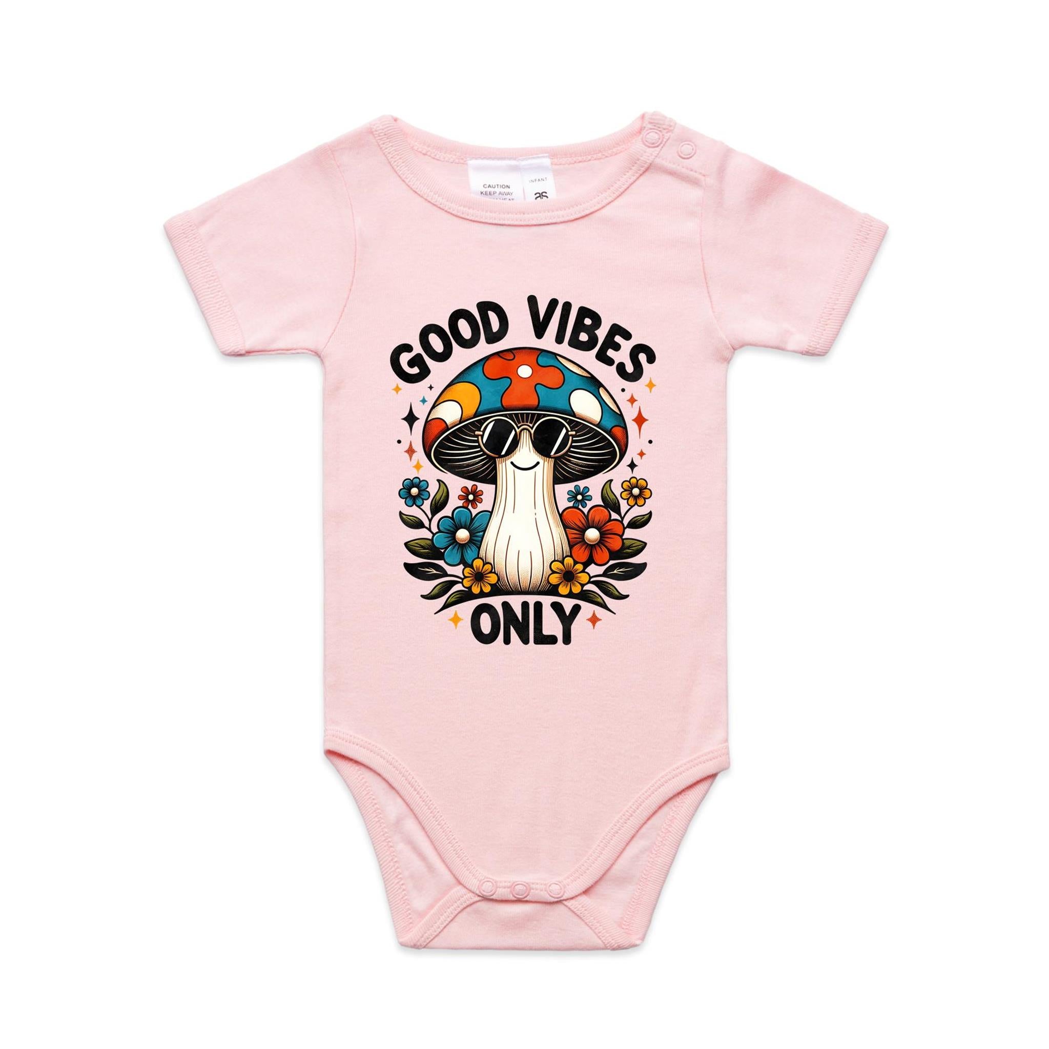 Good Vibes Only, Hippie Mushroom With Sunglasses - Baby Bodysuit