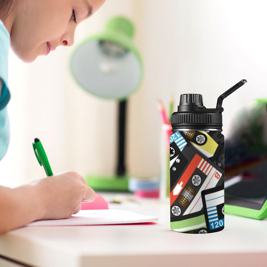 Cassette Tapes Kids Water Bottle with Chug Lid (12 oz) Kids Water Bottle with Chug Lid Music Printed Offshore Retro