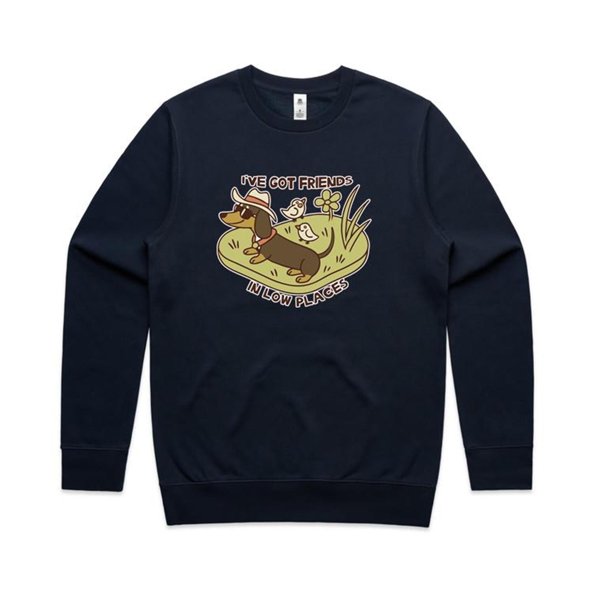 Dachshund, I've Got Friends In Low Places AS Colour Stencil Crew Sweatshirt Unisex Navy Sweatshirt animal Printed In Australia