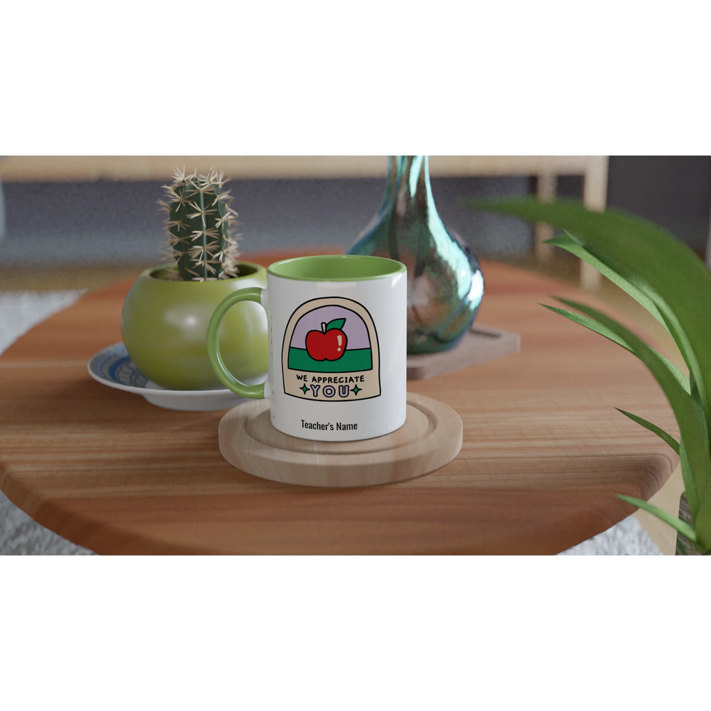 Personalise - We Appreciate You, Teacher, Apple - White 11oz Ceramic Mug with Colour Inside Personalised 11oz Mug