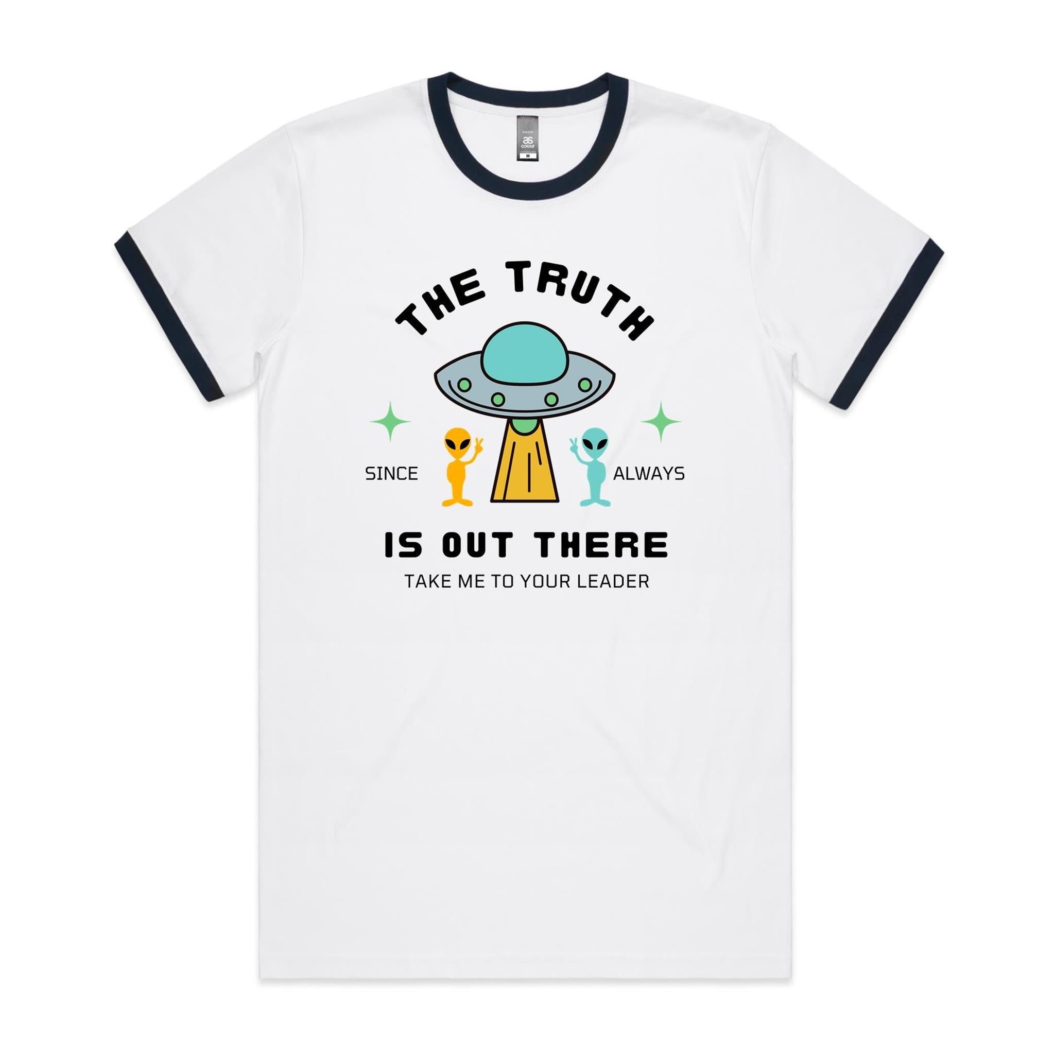 The Truth Is Out There, Alien, UFO - Staple Ringer Tee White Navy Ringer T-Shirt Printed In Australia Sci Fi