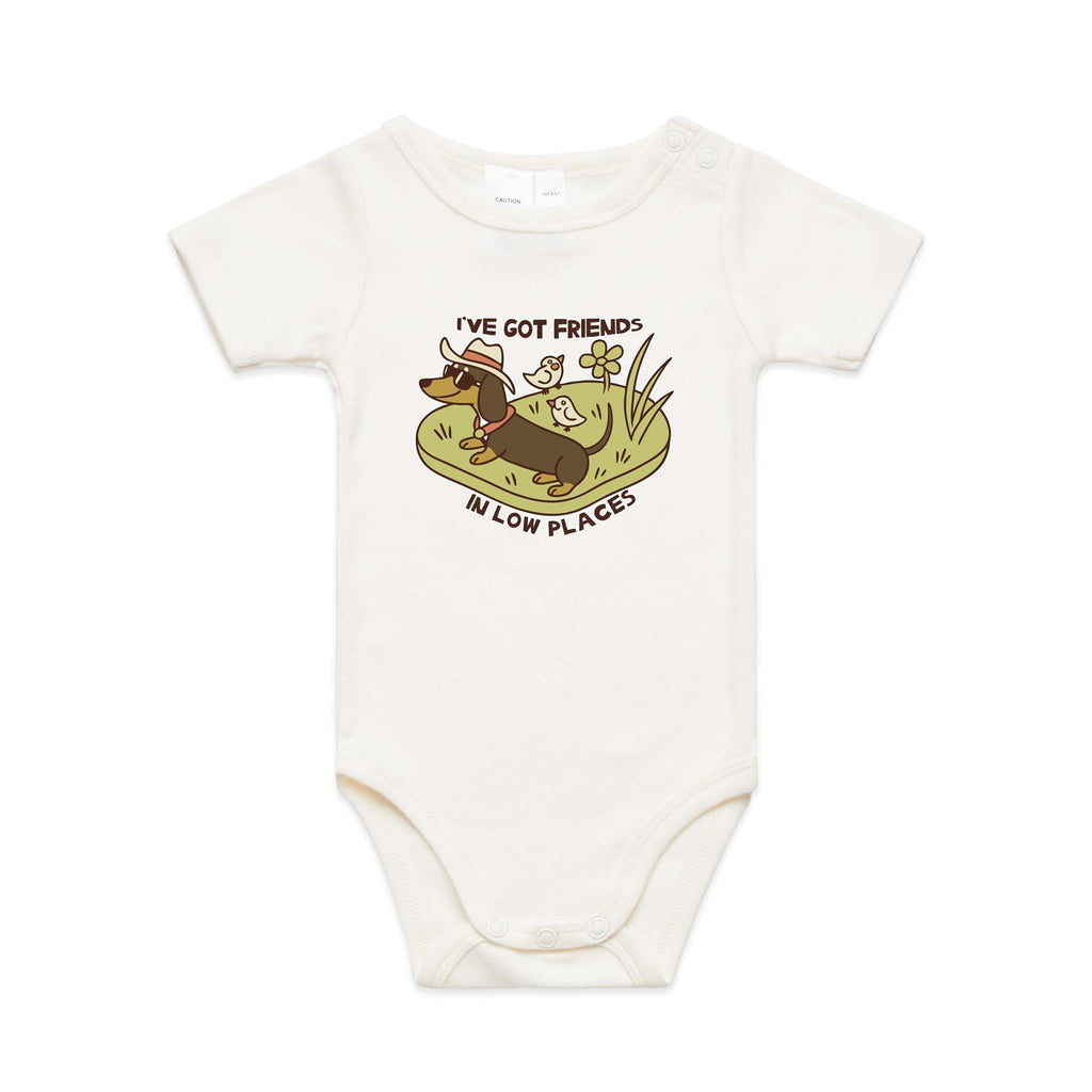Dachshund, I've Got Friends In Low Places AS Colour Baby Bodysuit Natural Baby Bodysuit animal Printed In Australia
