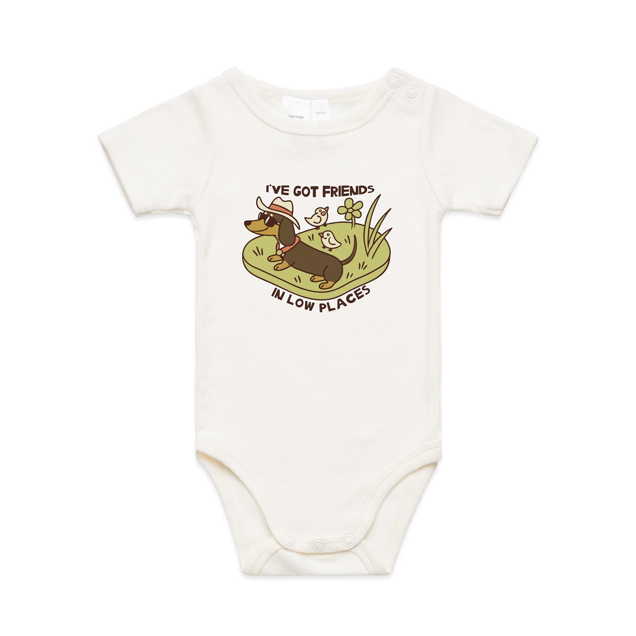 Dachshund, I've Got Friends In Low Places AS Colour Baby Bodysuit Natural Baby Bodysuit animal Printed In Australia