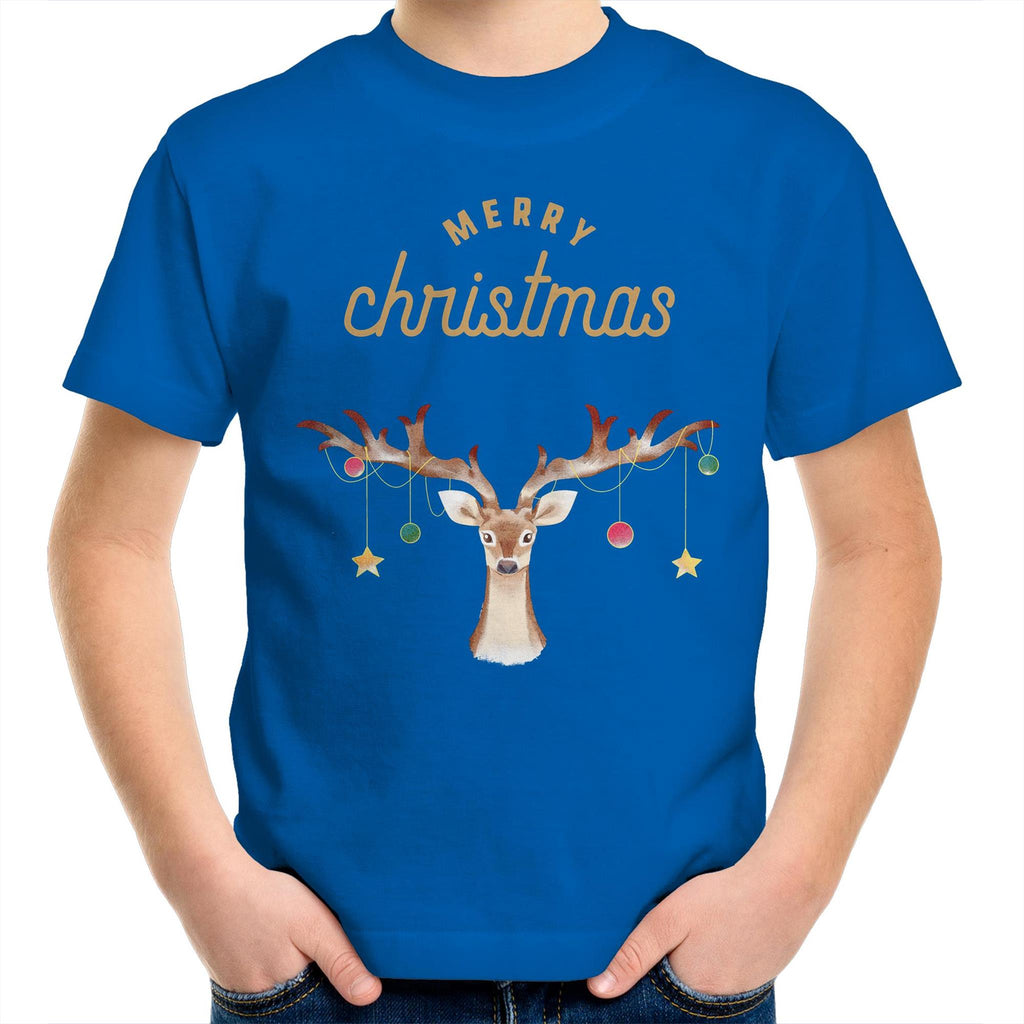Merry Christmas Reindeer - Kids Youth T-Shirt Bright Royal Kids Christmas T-shirt Christmas Printed In Australia