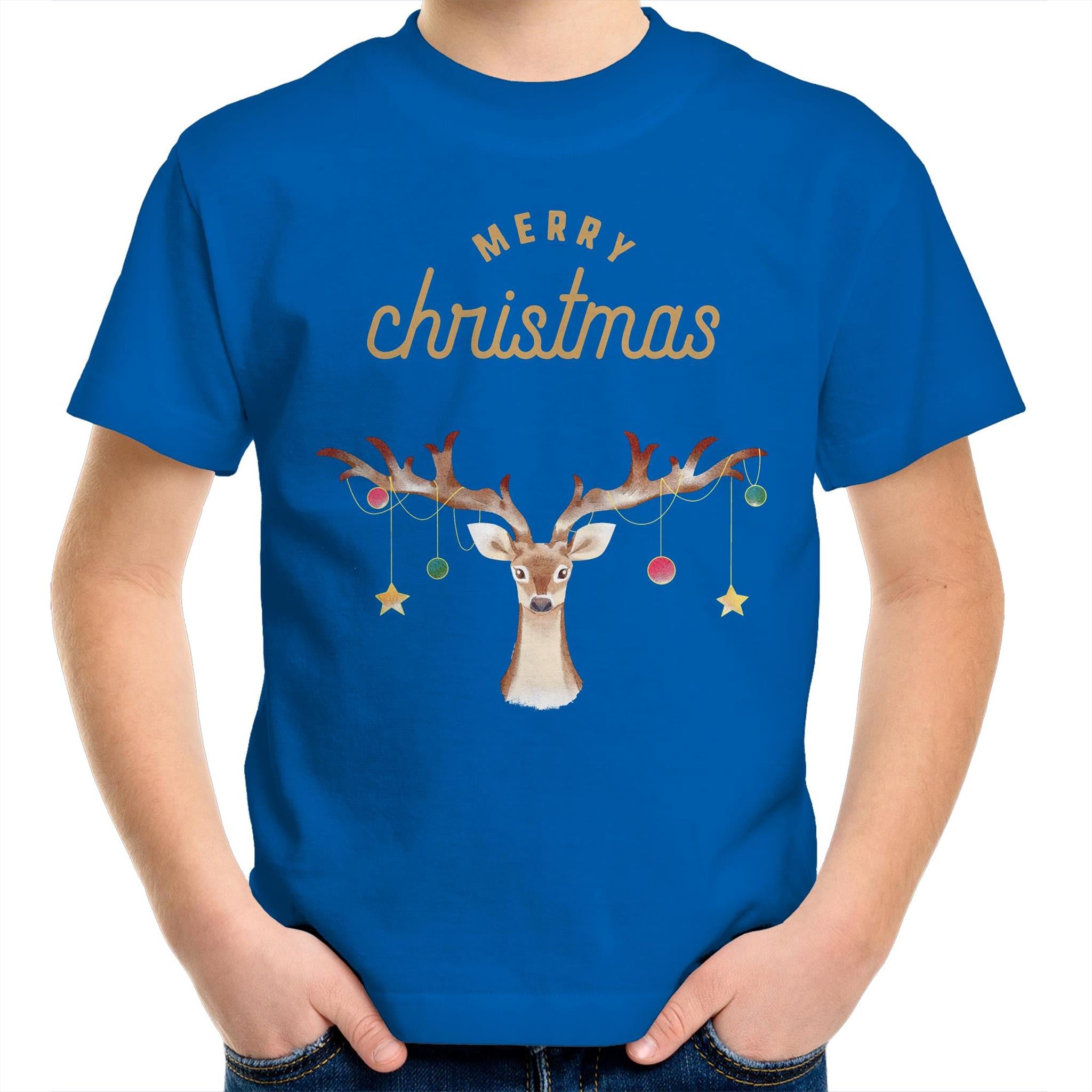 Merry Christmas Reindeer - Kids Youth T-Shirt Bright Royal Kids Christmas T-shirt Christmas Printed In Australia