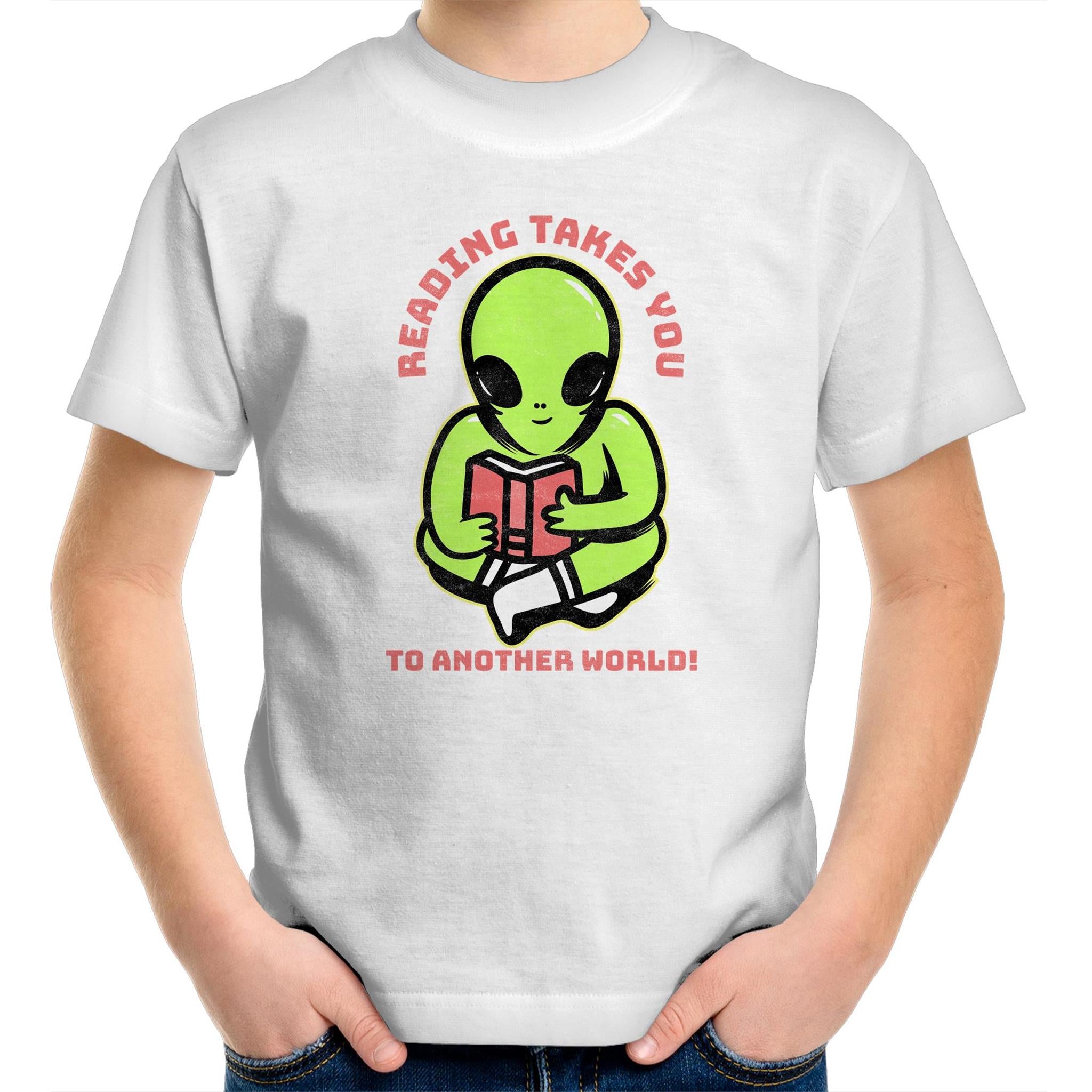 Reading Takes You To Another World, Alien - Kids Youth T-Shirt White Kids Youth T-shirt Printed In Australia Reading Sci Fi