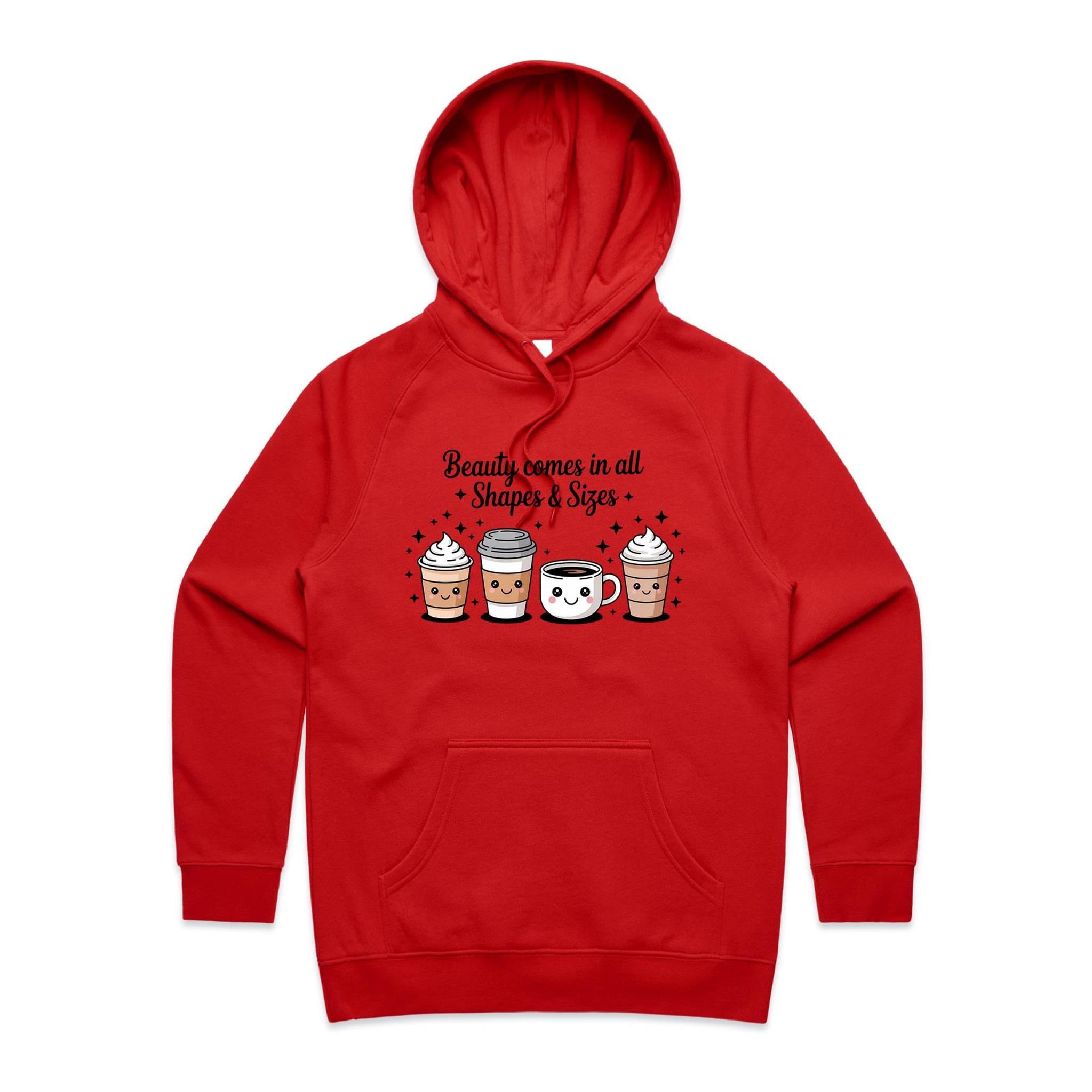 Coffee Beauty, All Shapes And Sizes Women's AS Colour Hoodie Red Womens Hoodie Coffee Positivity Printed In Australia