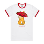 UFO, Here For The Cats - Staple Ringer Tee White Red Ringer T-Shirt animal Printed In Australia Sci Fi