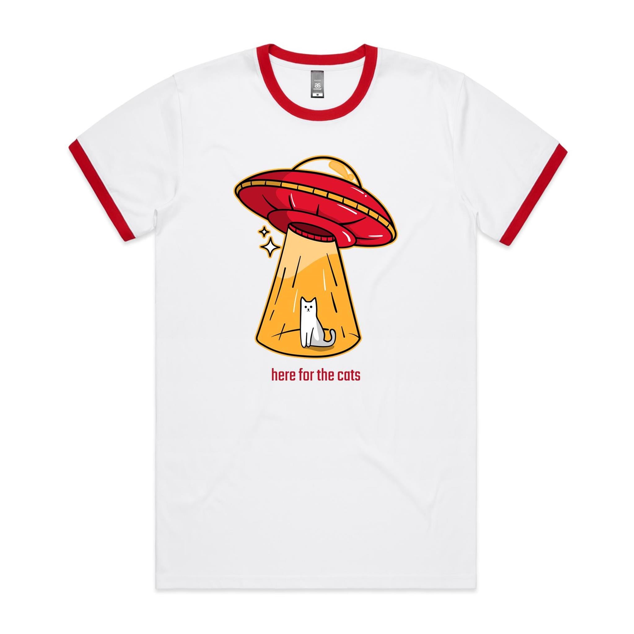 UFO, Here For The Cats - Staple Ringer Tee White Red Ringer T-Shirt animal Printed In Australia Sci Fi