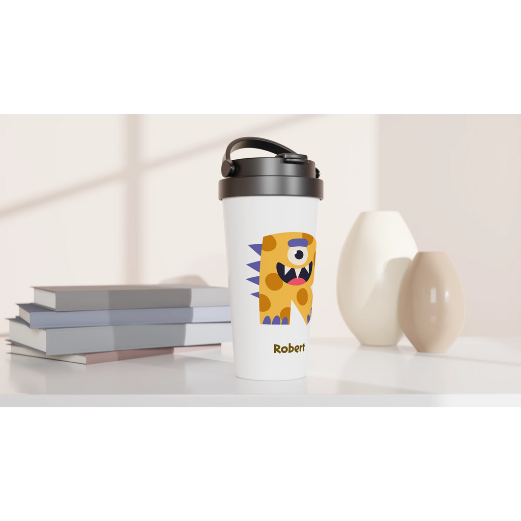 Personalised - Monster Initial - White 15oz Stainless Steel Travel Mug Personalised Travel Mug Customise Globally Fulfilled Initial Personalise