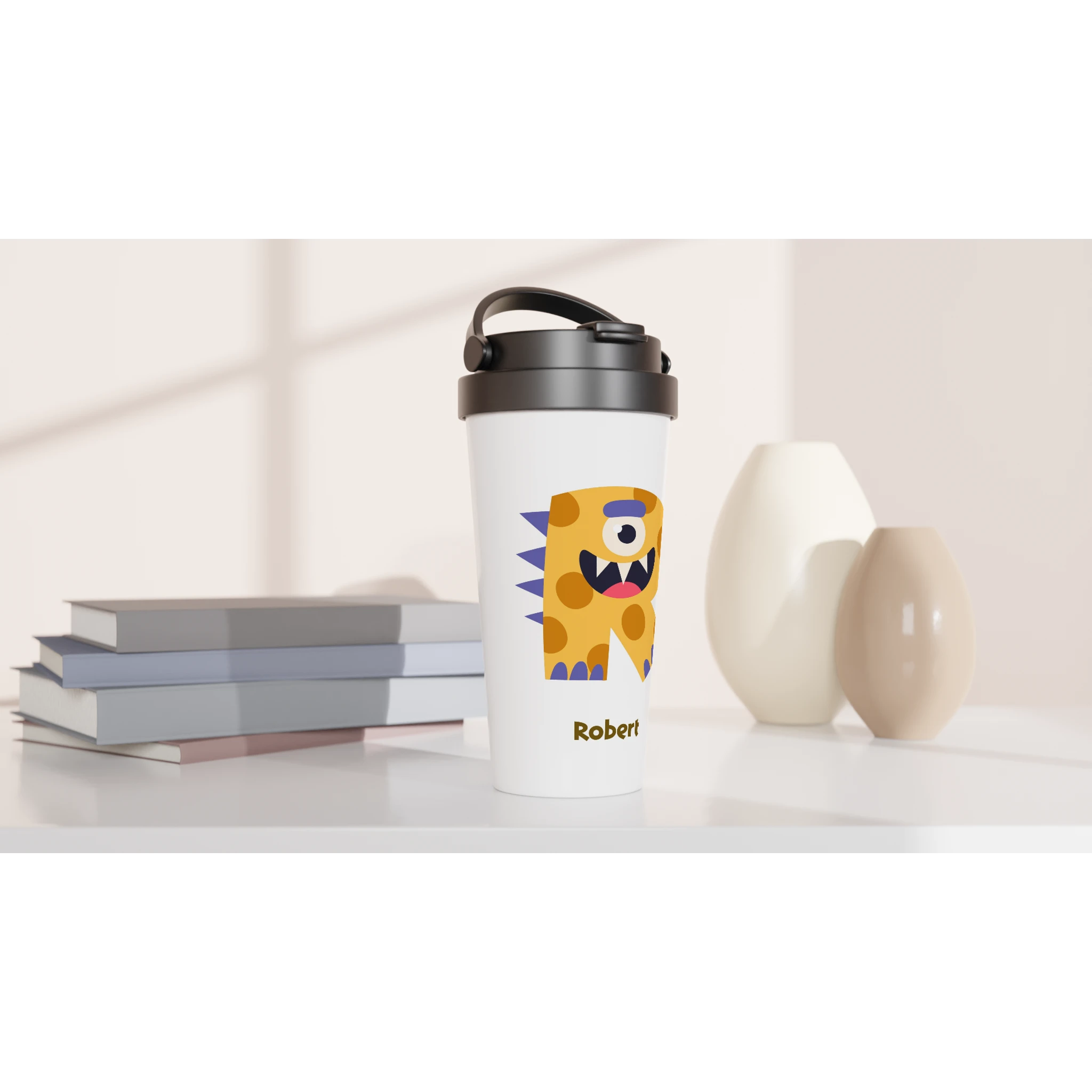 Personalised - Monster Initial - White 15oz Stainless Steel Travel Mug Personalised Travel Mug Customise Globally Fulfilled Initial Personalise