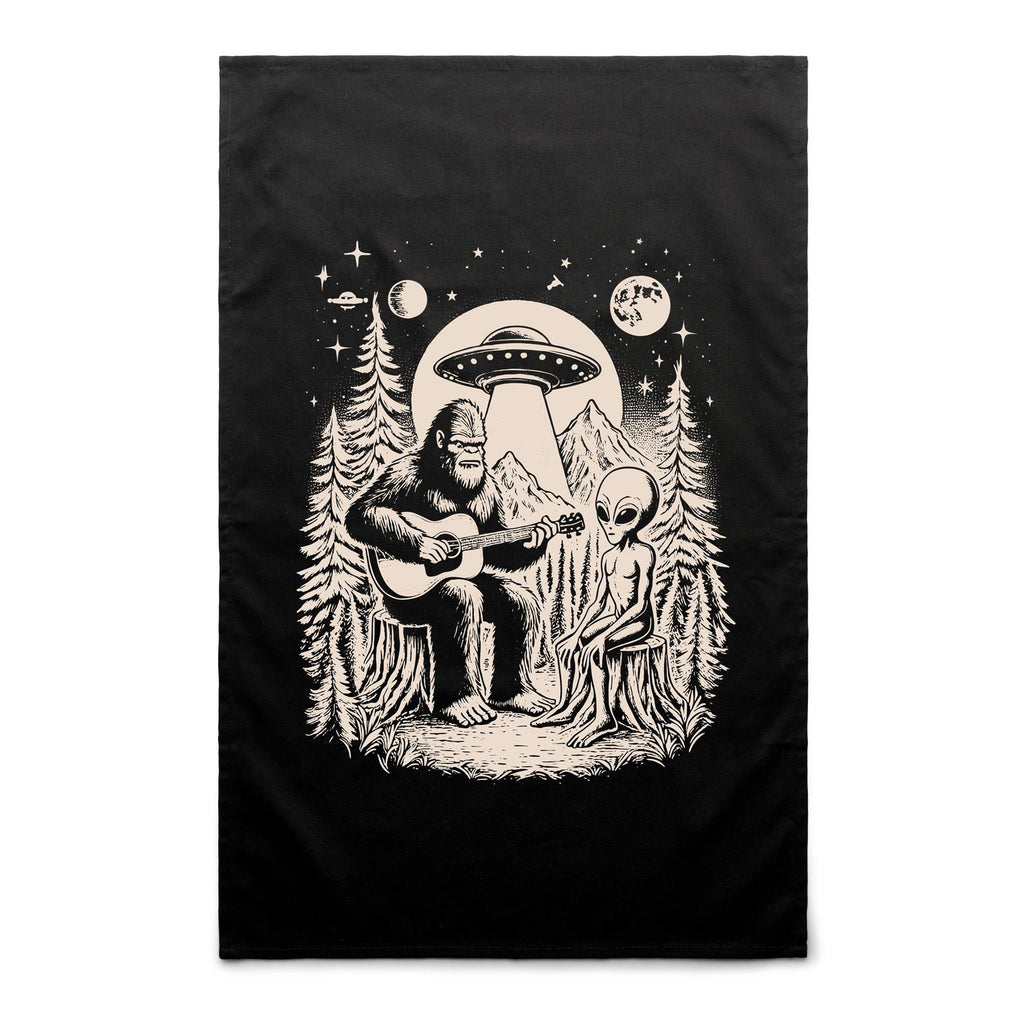 Bigfoot And Alien Playing Guitar - AS Colour Tea Towel Black One Size Tea Towel Music Printed In Australia Sci Fi