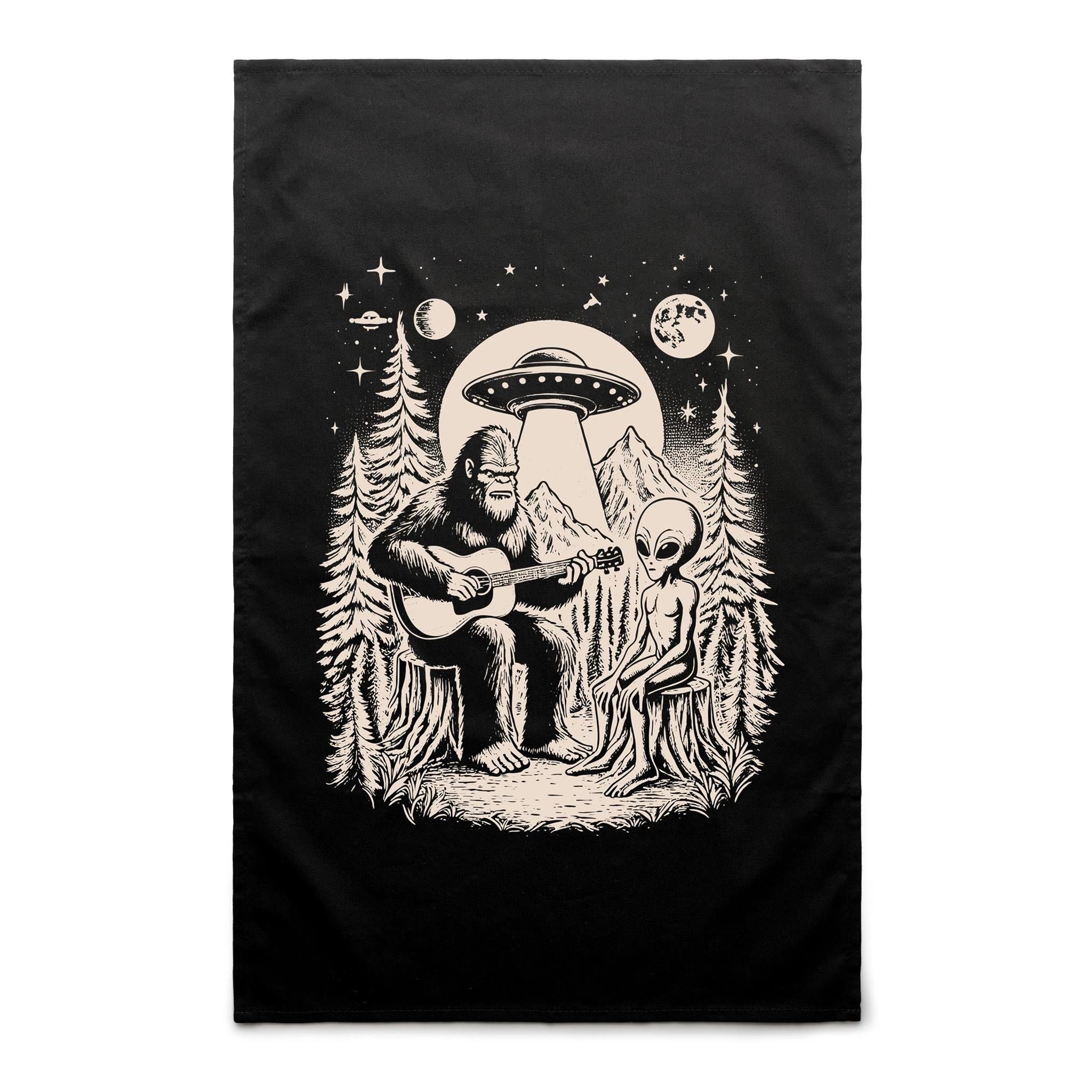 Bigfoot And Alien Playing Guitar - AS Colour Tea Towel Black One Size Tea Towel Music Printed In Australia Sci Fi