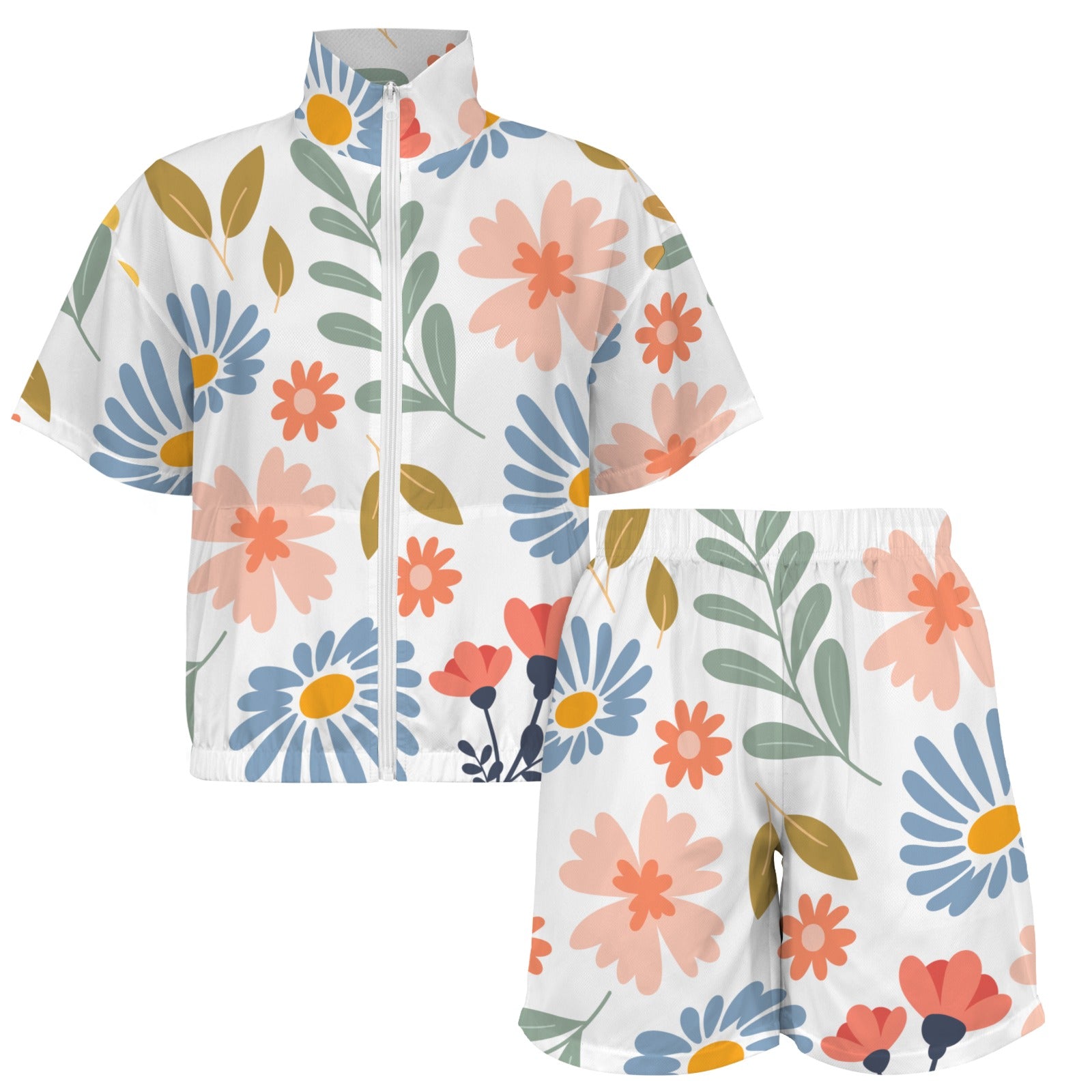 Large Boho Flowers And Leaves Women's Windbreaker Short Set Women's Windbreaker Short Set Plants Printed Offshore