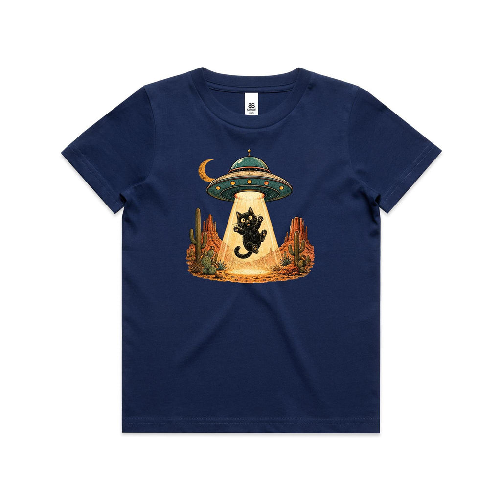 Black Cat Alien UFO Abduction Kids AS Colour T-shirt