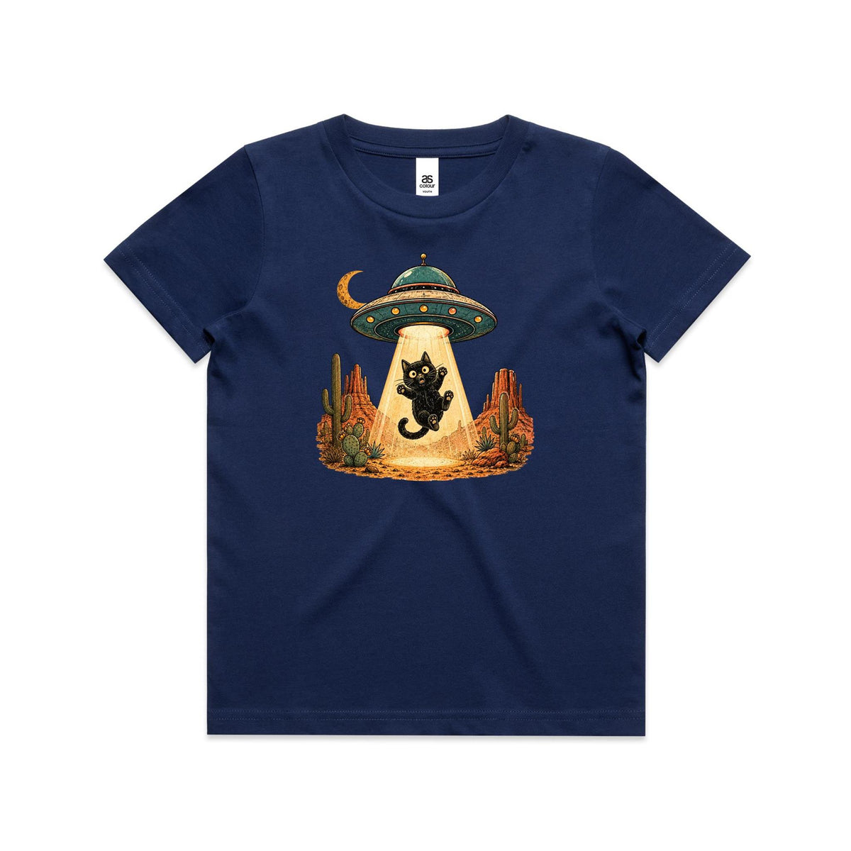 Black Cat Alien UFO Abduction Kids AS Colour T-shirt