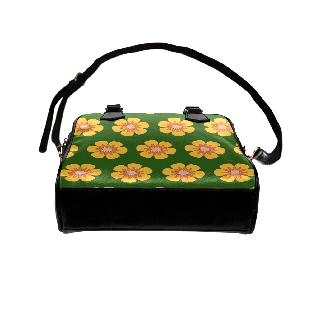 Yellow Flowers On Green Shoulder Handbag