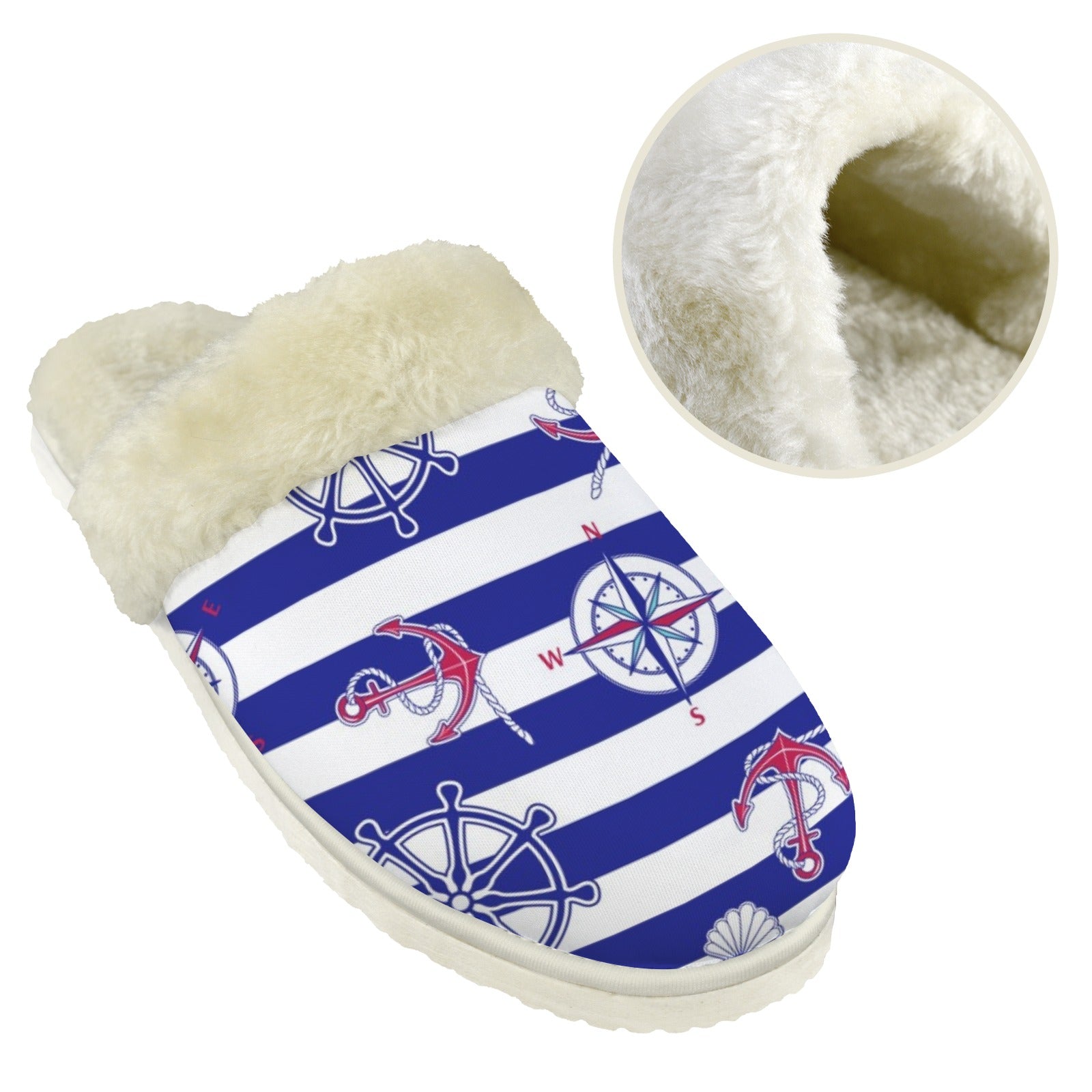 Anchors Away Men's Fur Trim Thick-Sole Indoor Slippers Men's Fur Trimmed Slippers Ocean Printed Offshore