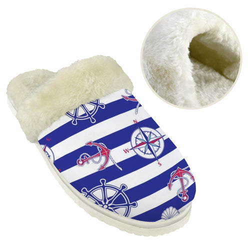 Anchors Away Men's Fur Trim Thick-Sole Indoor Slippers Men's Fur Trimmed Slippers Ocean Printed Offshore