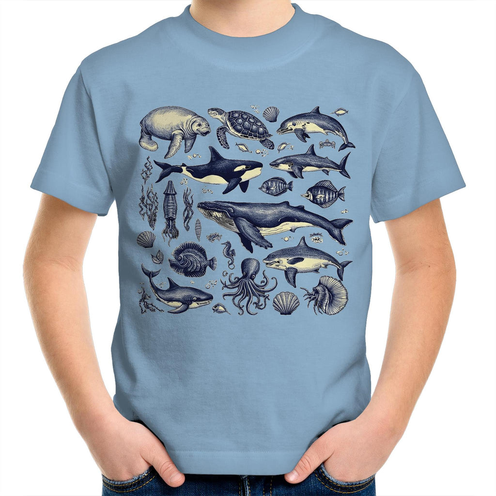 Sea Creatures - Kids Youth T-Shirt Carolina Blue Kids Youth T-shirt animal Printed In Australia