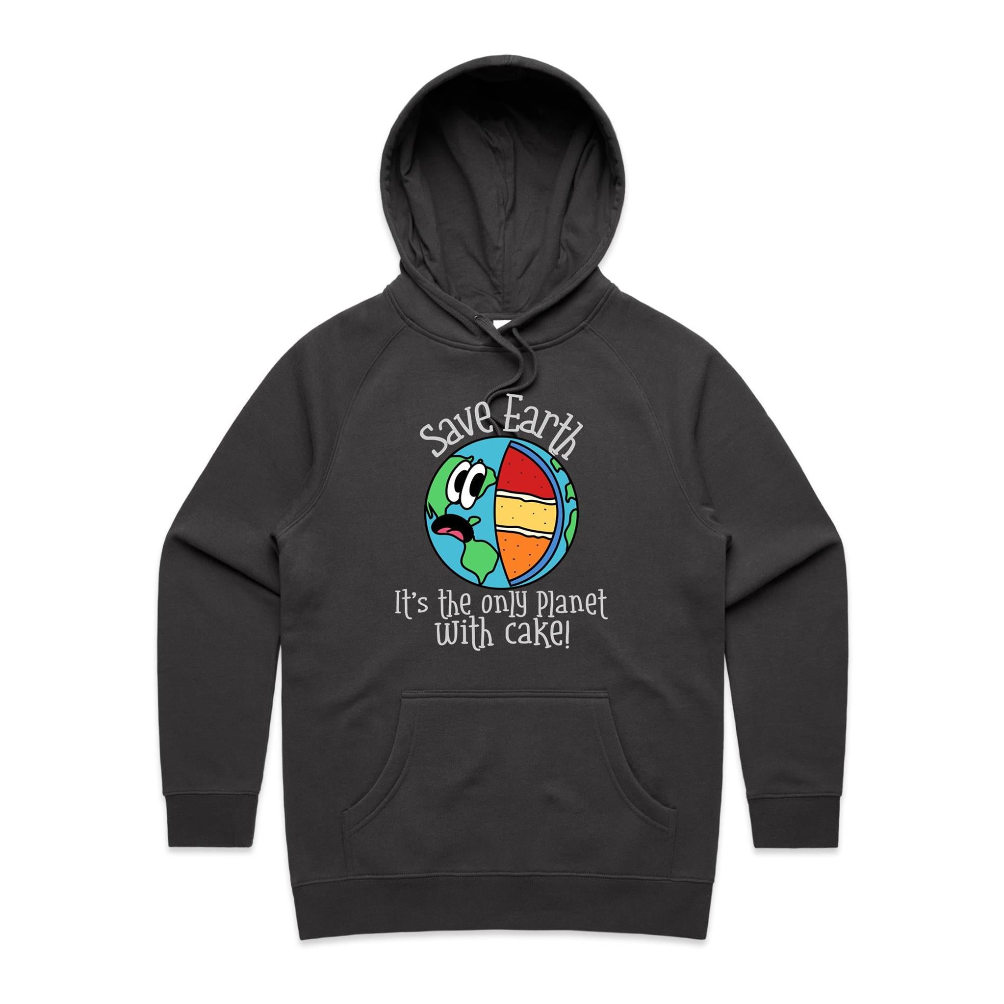 Save Earth, It's The Only Planet With Cake - Womens Hoodie Coal Womens Hoodie Environment Food Printed In Australia