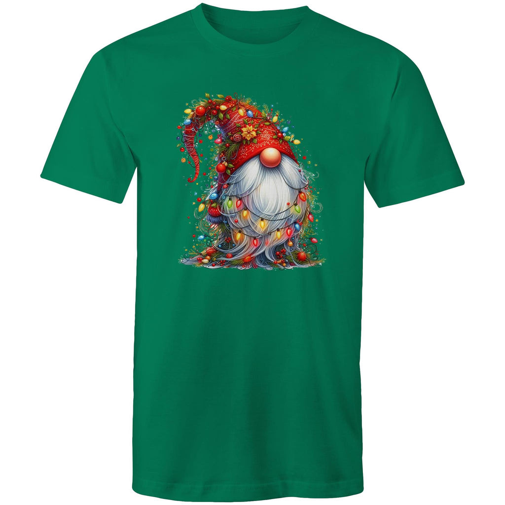 Christmas Gnome Wrapped In Lights - Mens T-Shirt Kelly Green Mens Christmas T-shirt Christmas Printed In Australia