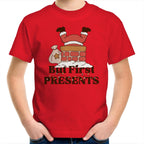 But First Presents, Santa In Chimney - Kids Youth T-Shirt Red Kids Christmas T-shirt Christmas Printed In Australia