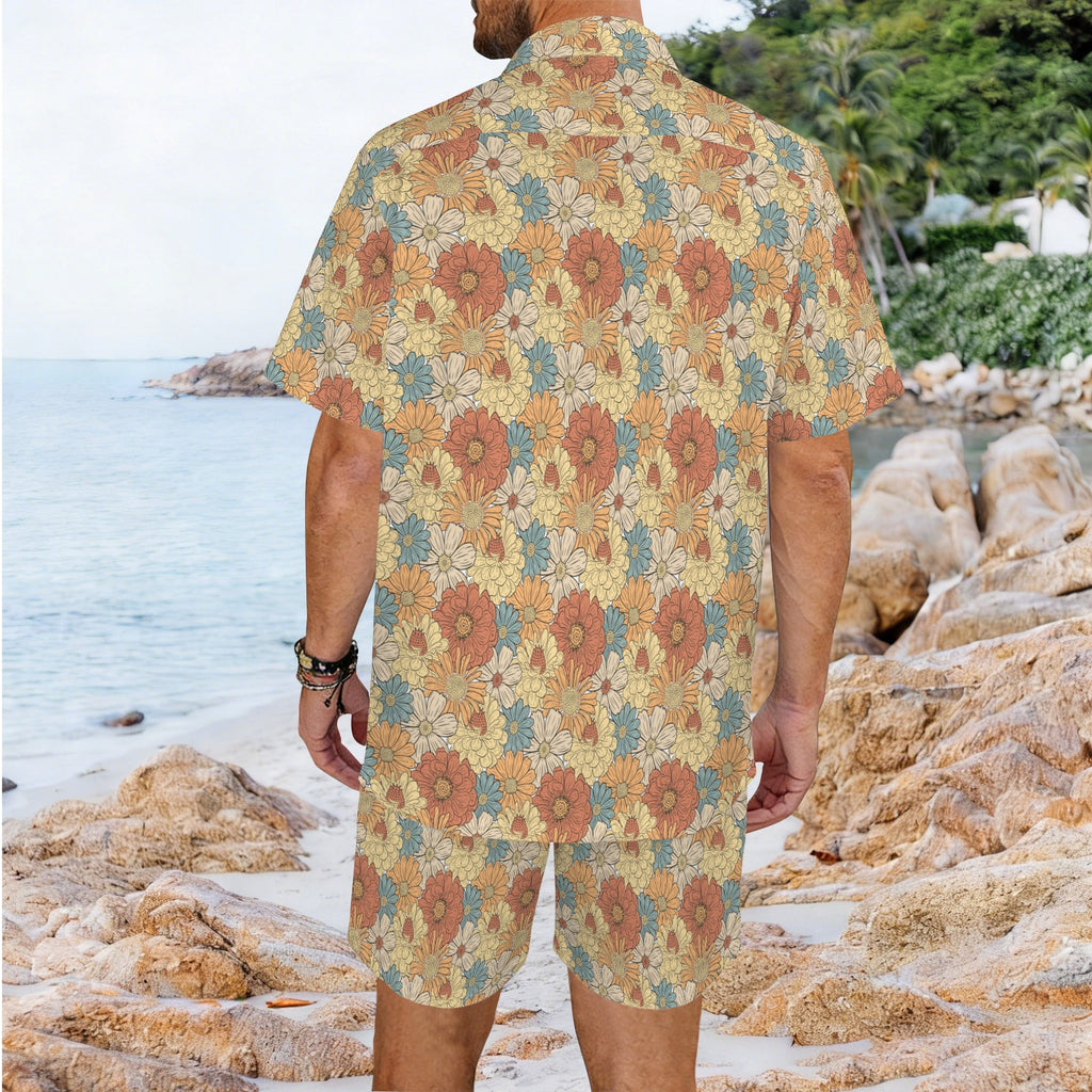 Vintage Retro Floral Men's Hawaiian Shirt & Shorts Set Men's Hawaiian Shirt & Shorts Set Printed Offshore Retro