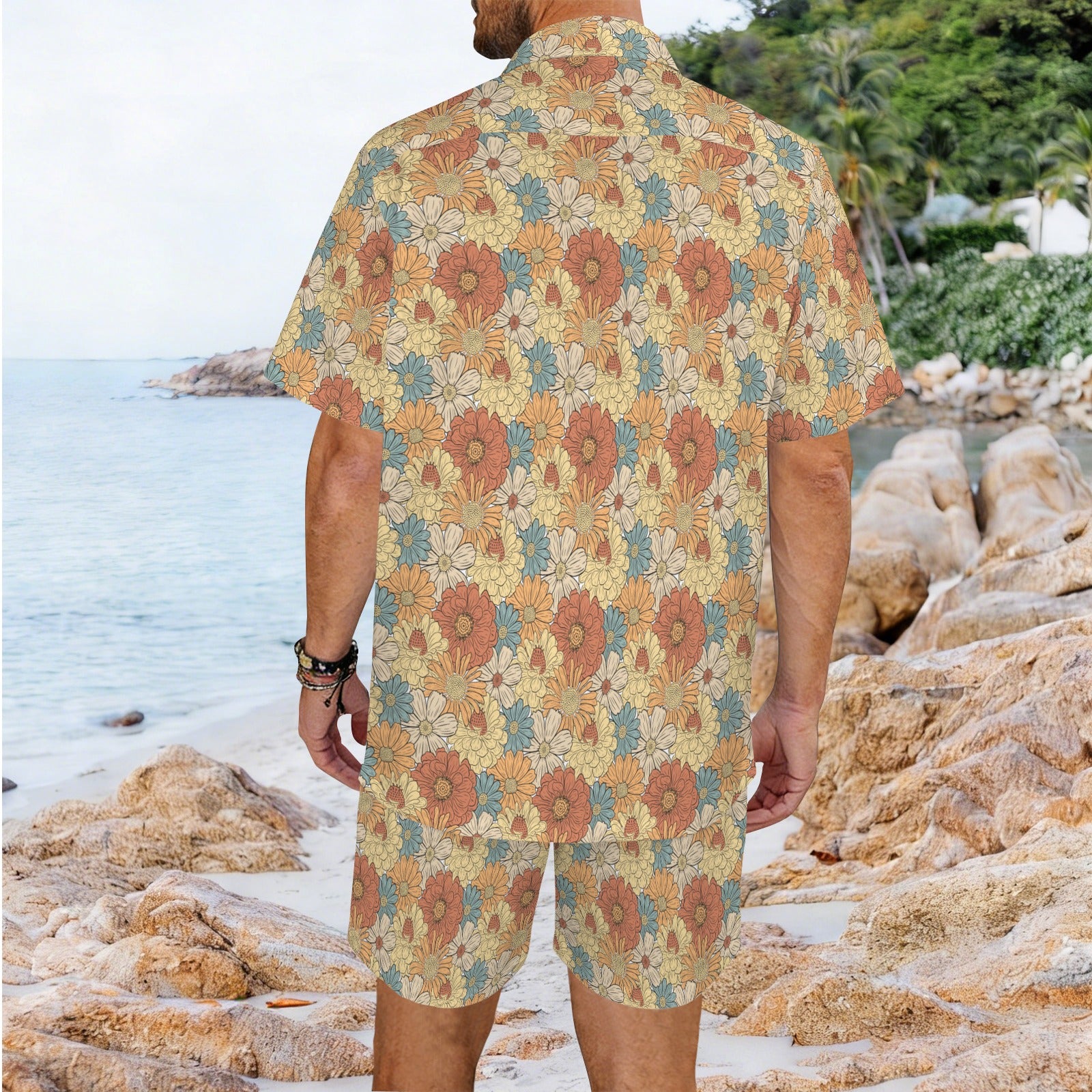 Vintage Retro Floral Men's Hawaiian Shirt & Shorts Set Men's Hawaiian Shirt & Shorts Set Printed Offshore Retro