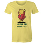 Music On, Worries Off - Womens T-shirt Yellow Womens T-shirt Music Printed In Australia