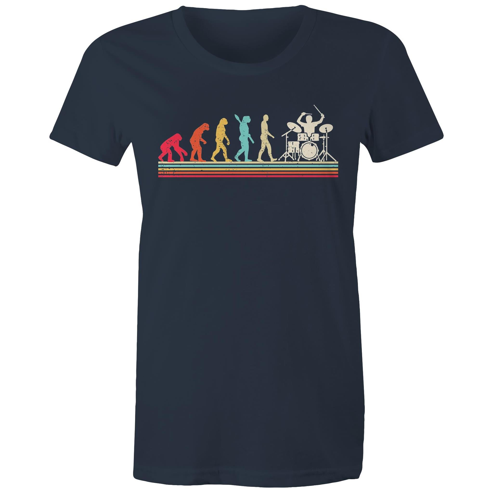 Drummer Evolution - Womens T-shirt Navy Womens T-shirt Music Printed In Australia