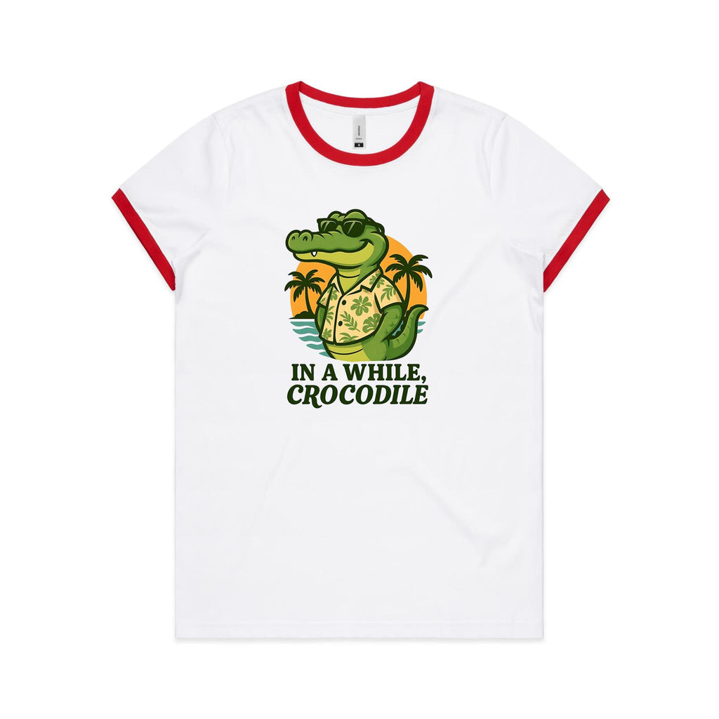 In A While, Crocodile AS Colour Women's Ringer Tee White Red Womens Ringer T-shirt animal Printed In Australia