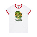 In A While, Crocodile AS Colour Women's Ringer Tee White Red Womens Ringer T-shirt animal Printed In Australia