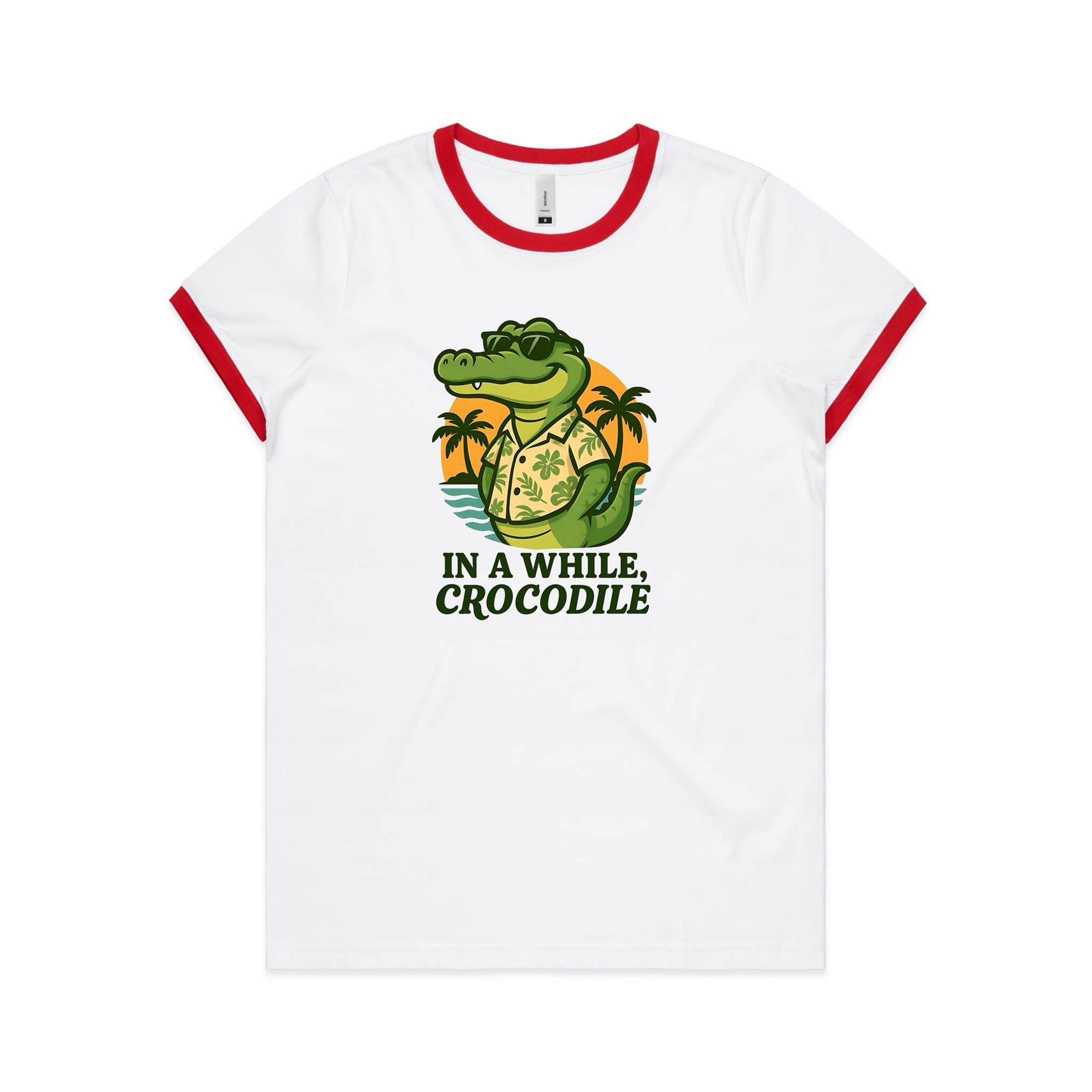In A While, Crocodile AS Colour Women's Ringer Tee White Red Womens Ringer T-shirt animal Printed In Australia