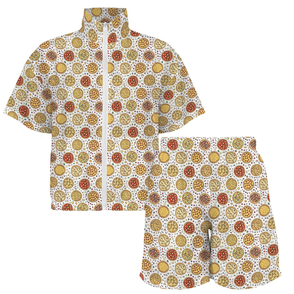 Round Pizzas On White Women's Windbreaker Short Set Women's Windbreaker Short Set Food Printed Offshore