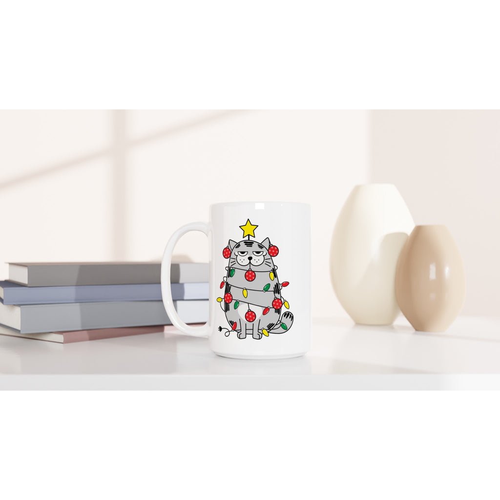 Christmas Cat - White 15oz Ceramic Mug Christmas 15oz Mug Christmas Globally Fulfilled