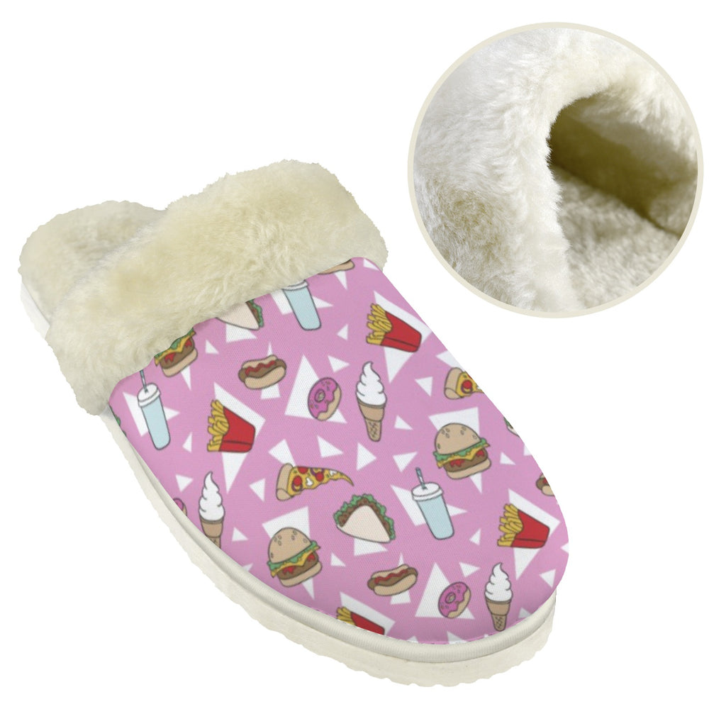 Fast Food Women's Fur Trim Thick-Sole Indoor Slippers Women's Fur Trimmed Slippers Food Printed Offshore
