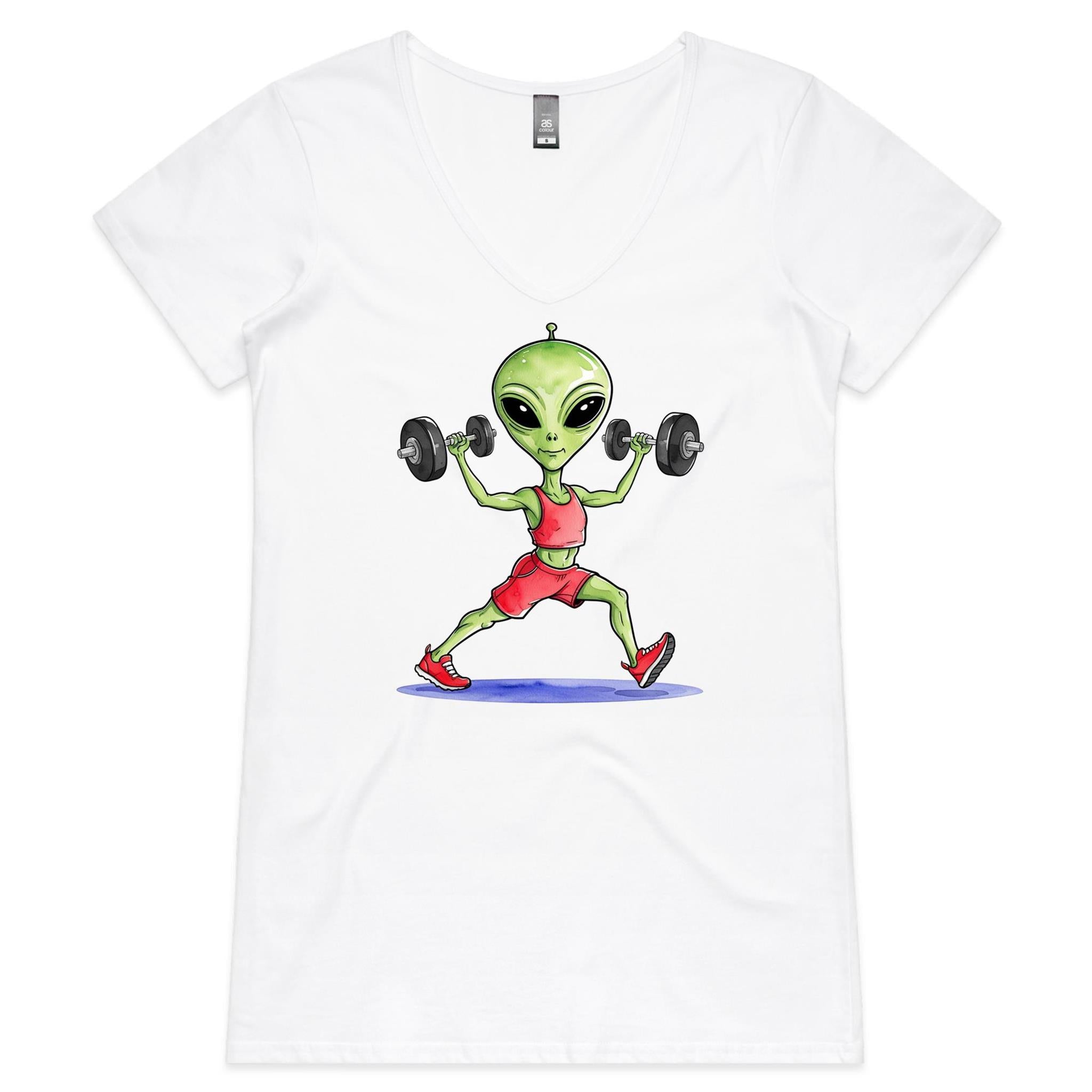 Alien Dumbells, Gym - Womens V-Neck T-Shirt White Womens Active V-Neck T-shirt Fitness Printed In Australia