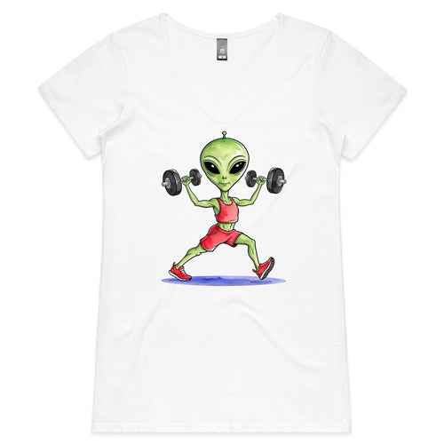 Alien Dumbells, Gym - Womens V-Neck T-Shirt White Womens Active V-Neck T-shirt Fitness Printed In Australia