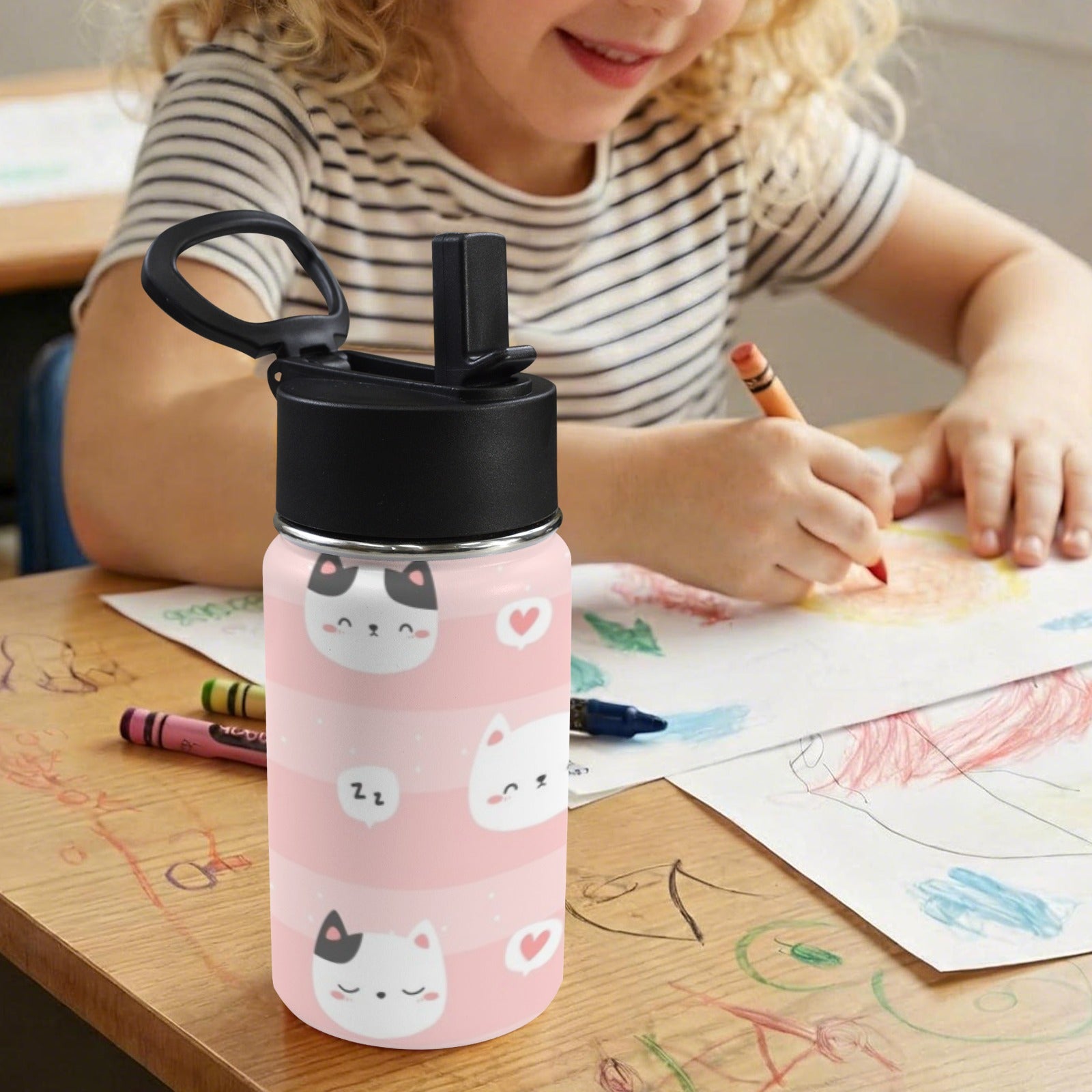 Pink Cats 12oz Kids Water Bottle with Straw Lid