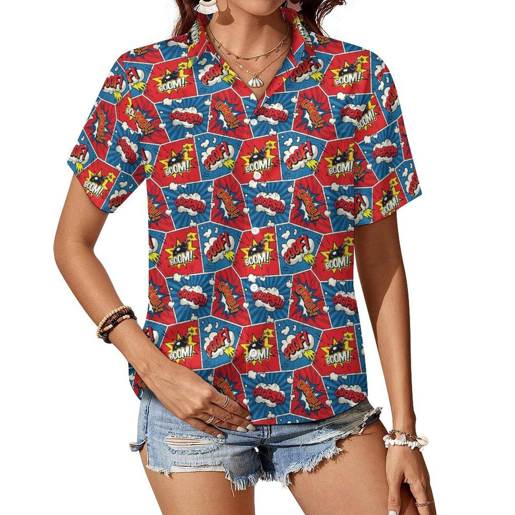 Comic Book Women's Short-Sleeve Button Up Shirt white Women's Short-Sleeve Button Up Shirt comic Printed Offshore