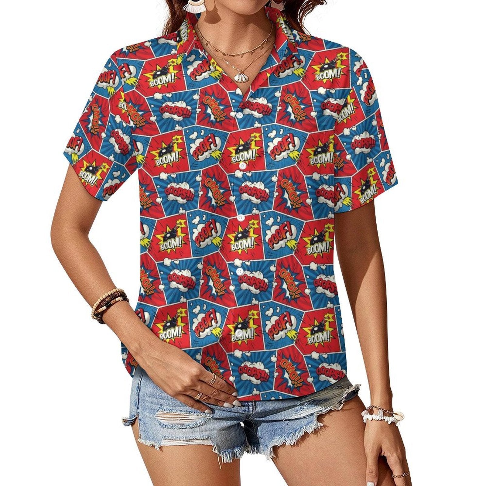Comic Book Women's Short-Sleeve Button Up Shirt white Women's Short-Sleeve Button Up Shirt comic Printed Offshore