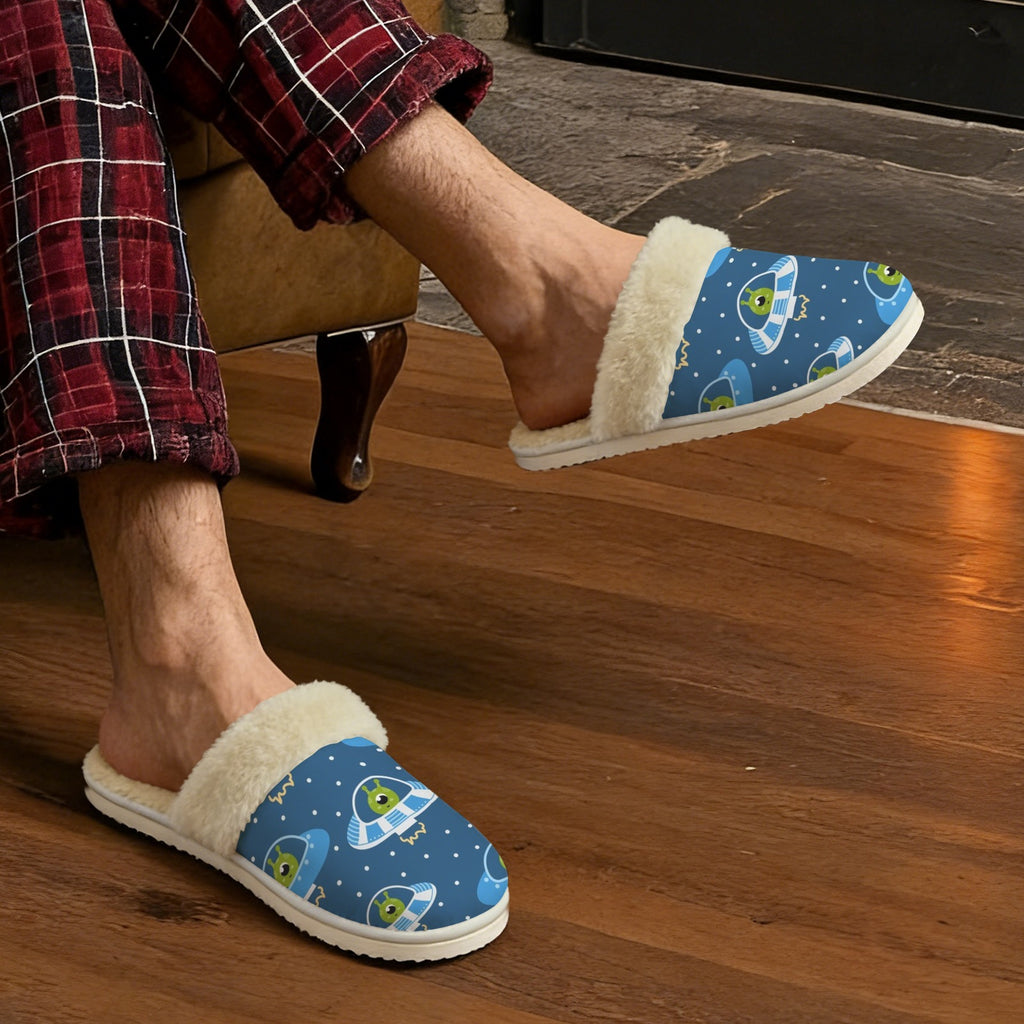Cute Aliens in UFOs Men's Fur Trim Thick-Sole Indoor Slippers Men's Fur Trimmed Slippers Printed Offshore Sci-Fi
