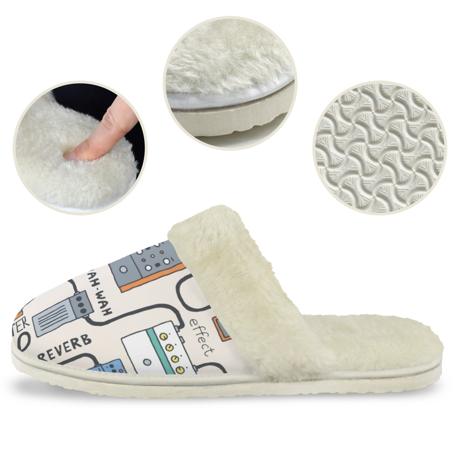 Wah Pedal Men's Fur Trim Thick-Sole Indoor Slippers Men's Fur Trimmed Slippers Music Printed Offshore