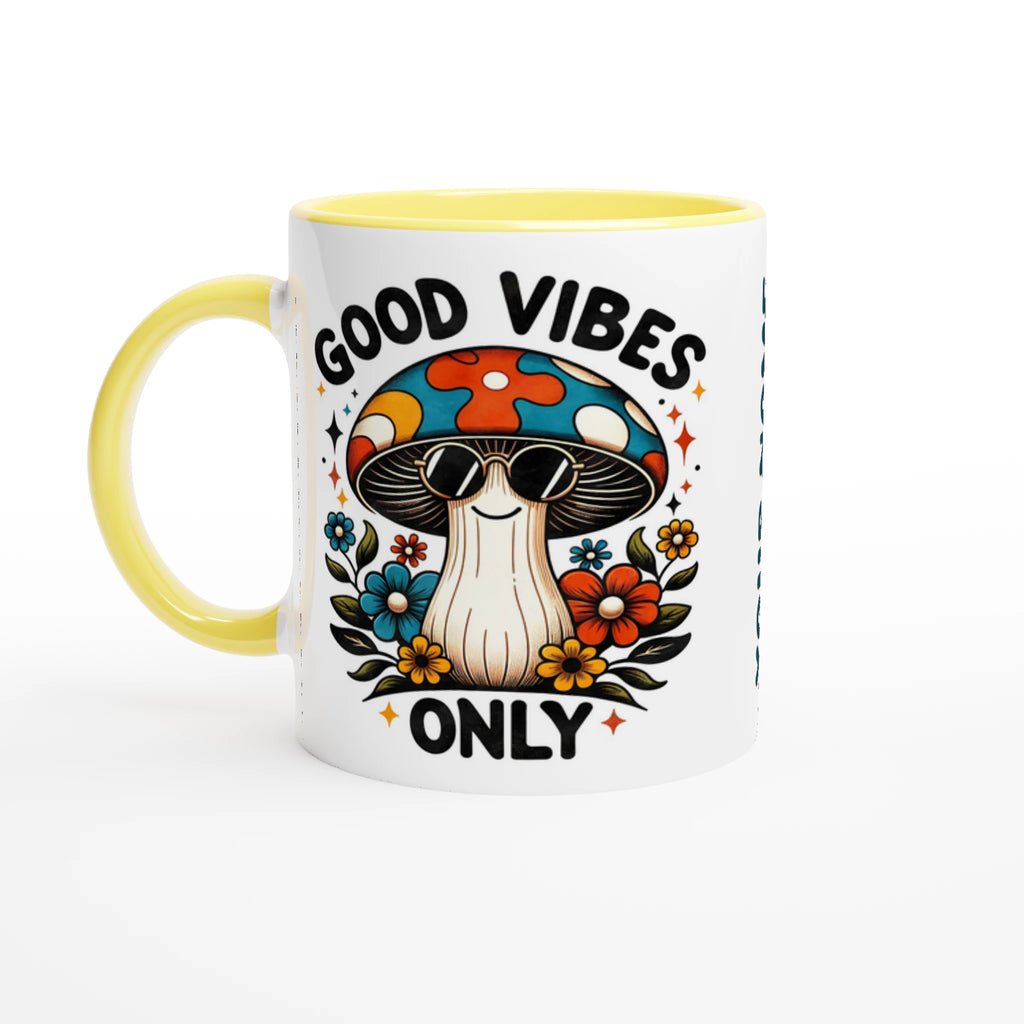 Personalised Good Vibes Only, Hippie Mushroom With Sunglasses 11oz Ceramic Mug Ceramic Yellow Personalised 11oz Mug Globally Fulfilled Positivity
