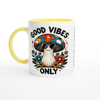Personalised Good Vibes Only, Hippie Mushroom With Sunglasses 11oz Ceramic Mug Ceramic Yellow Personalised 11oz Mug Globally Fulfilled Positivity