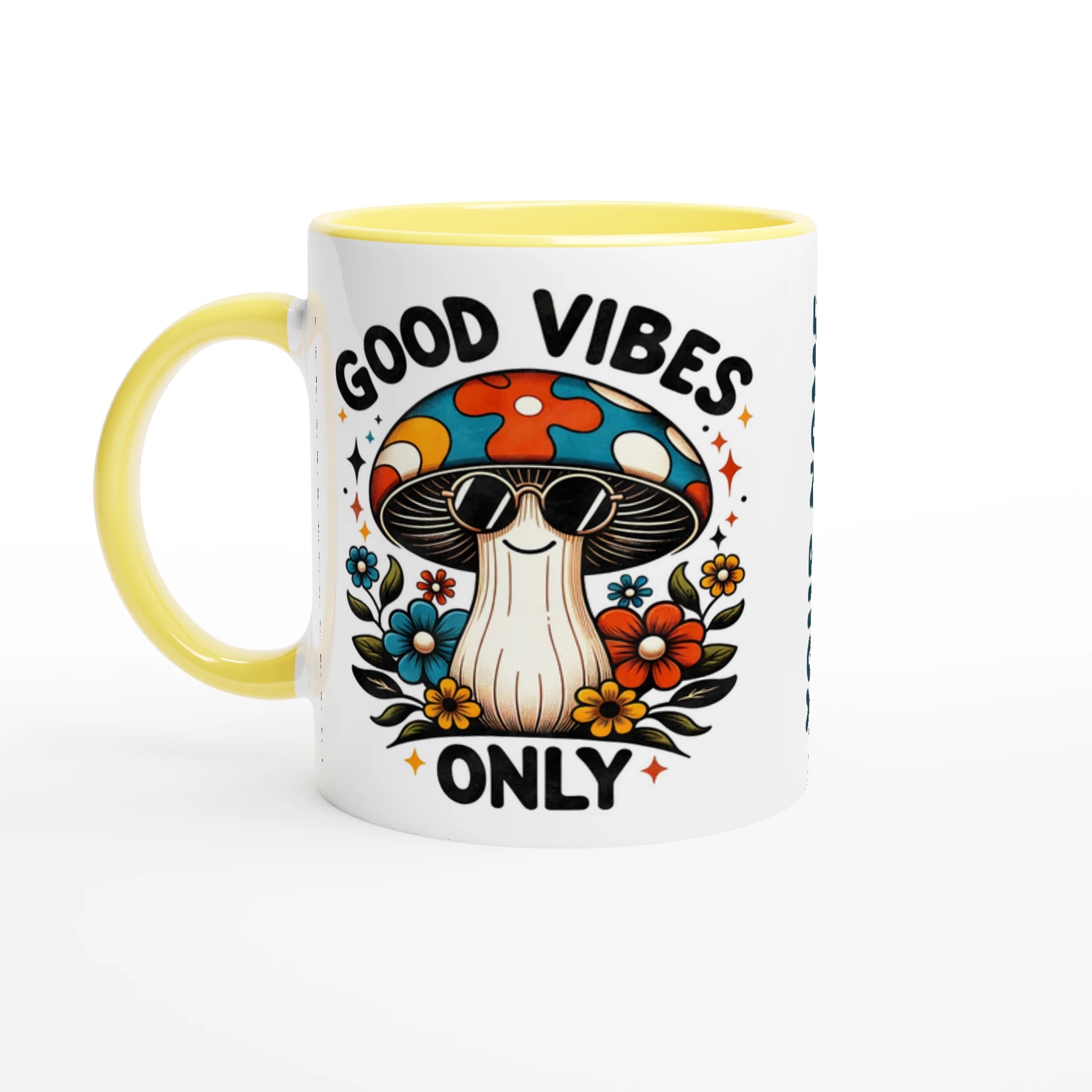 Personalised Good Vibes Only, Hippie Mushroom With Sunglasses 11oz Ceramic Mug Ceramic Yellow Personalised 11oz Mug Globally Fulfilled Positivity