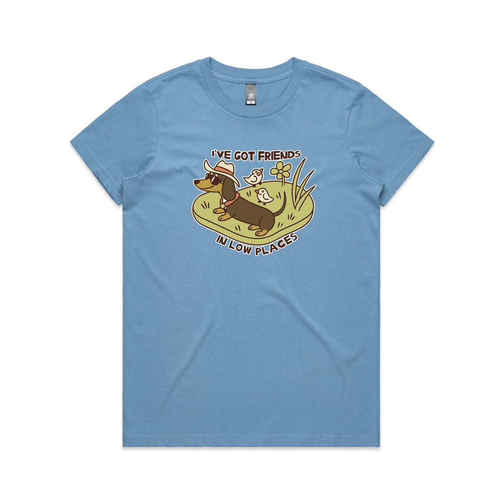 Dachshund, I've Got Friends In Low Places Women's AS Colour T-shirt Carolina Blue Womens T-shirt animal Printed In Australia