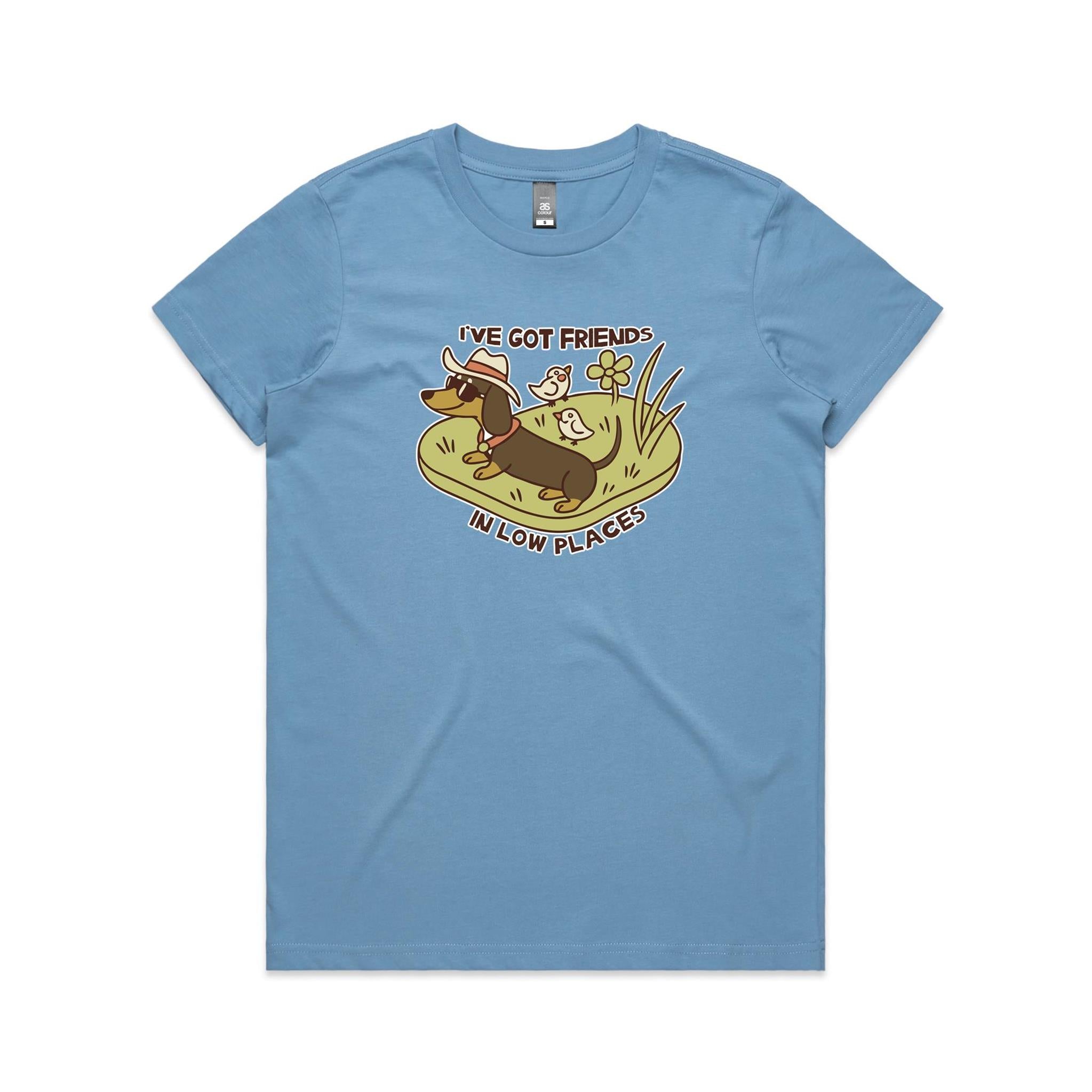 Dachshund, I've Got Friends In Low Places Women's AS Colour T-shirt Carolina Blue Womens T-shirt animal Printed In Australia