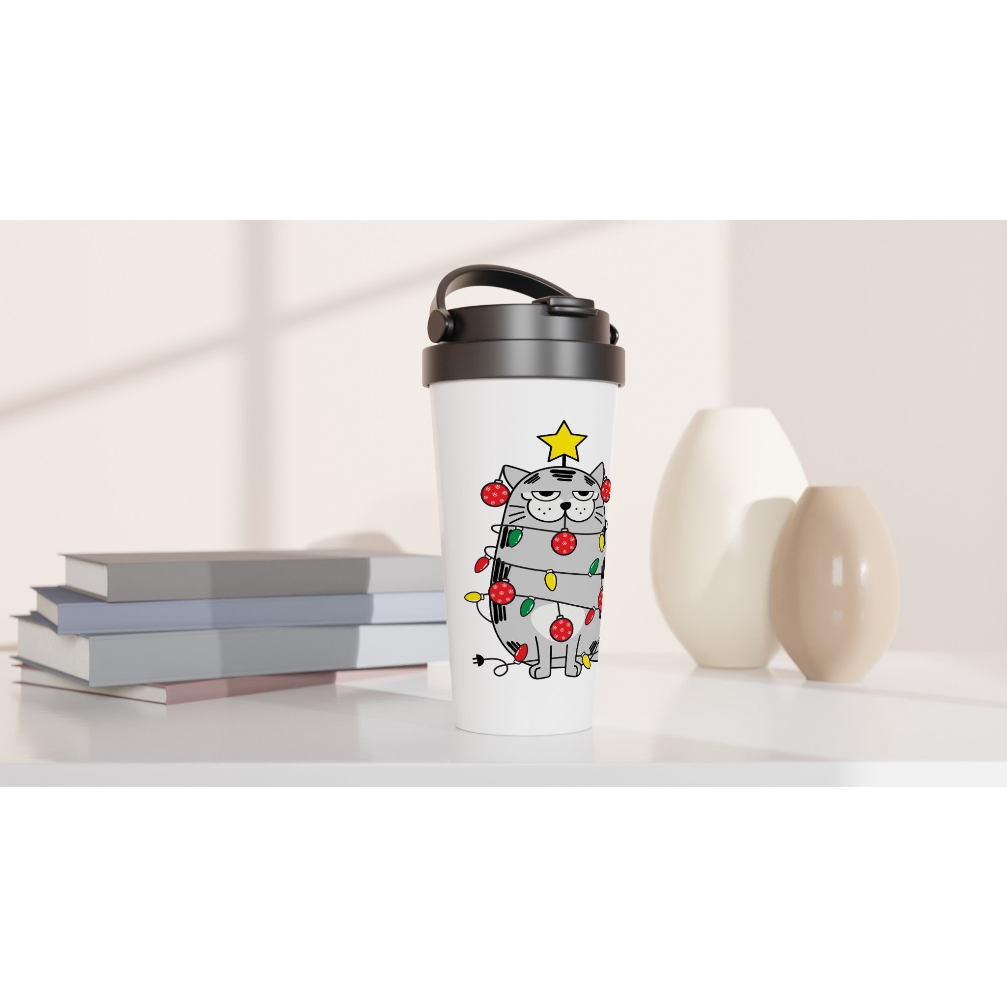Christmas Cat - White 15oz Stainless Steel Travel Mug Christmas Travel Mug Christmas Globally Fulfilled